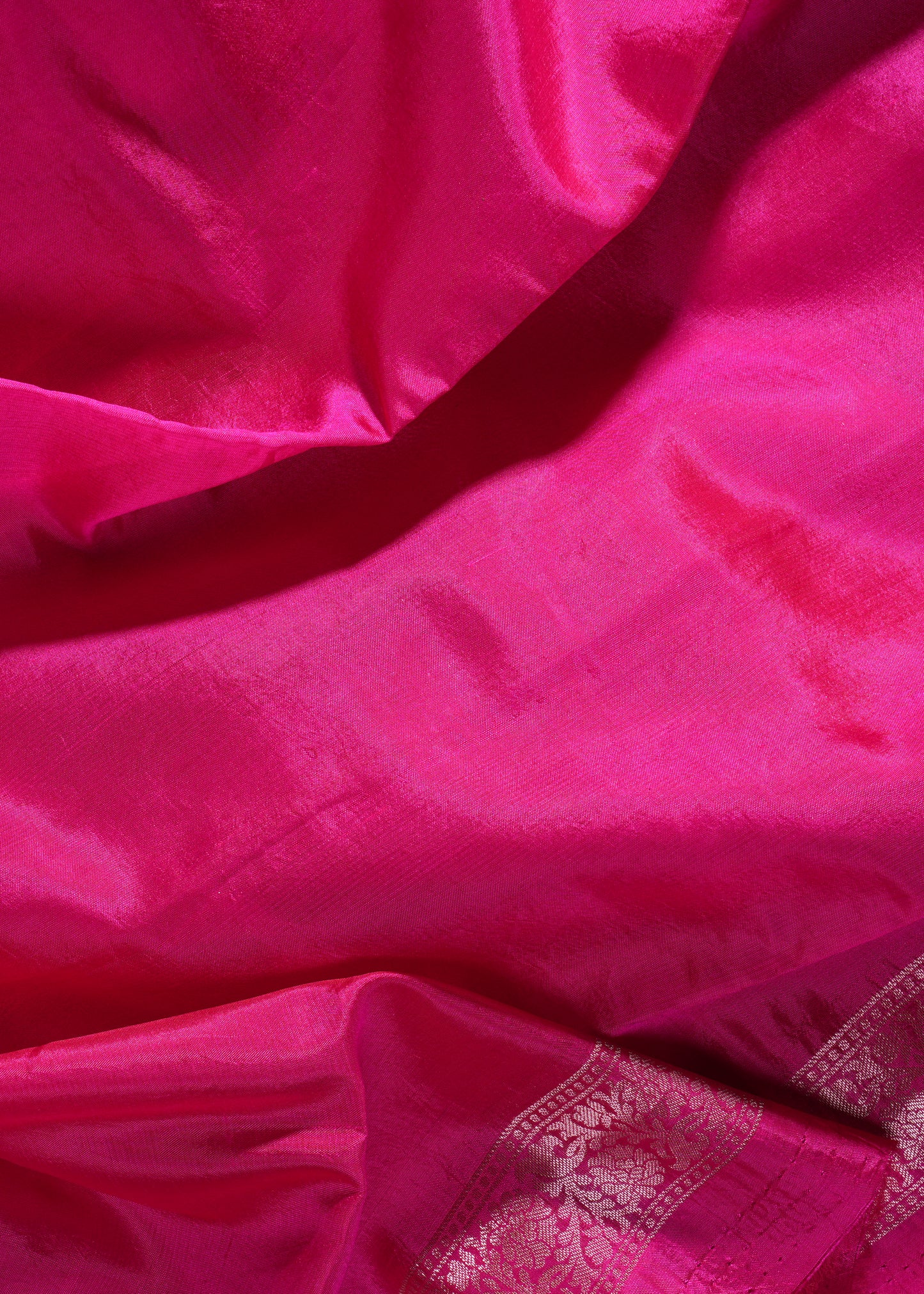 Radiant Rani Pink Banarasi Silk Saree with Intricate Silver Zari Buta Work