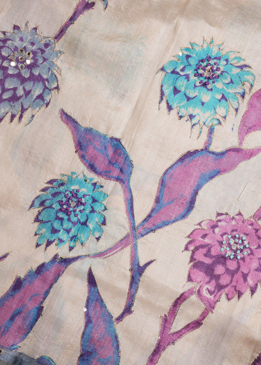 Grey-Blue Tussar Silk Saree with Mirror and Zari Embroidery - SS 260