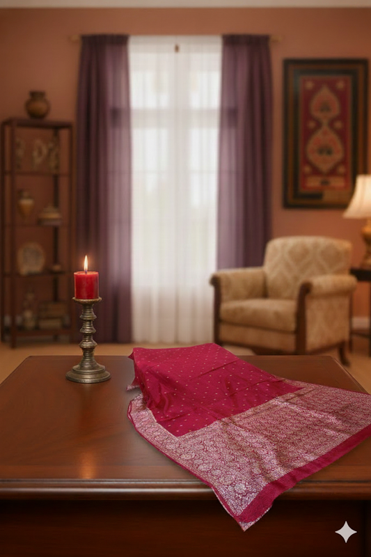 Rich Ruby Red Banarasi Silk Saree with Gold Zari Floral Border