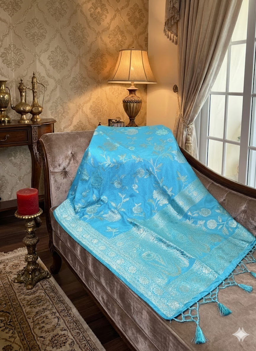 Light Blue Banarasi Silk Saree with Intricate Silver Zari Weaving