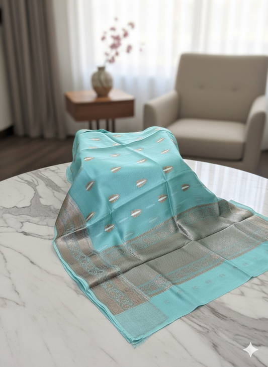 Serene Blue Silk Saree with Modern Dual-Tone Zari Buttas and Border- SS 397