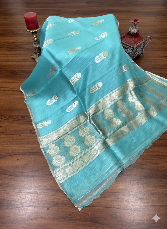 Elegant Teal Green Saree with Large, Distinctive Golden Zari Motifs - SS 401