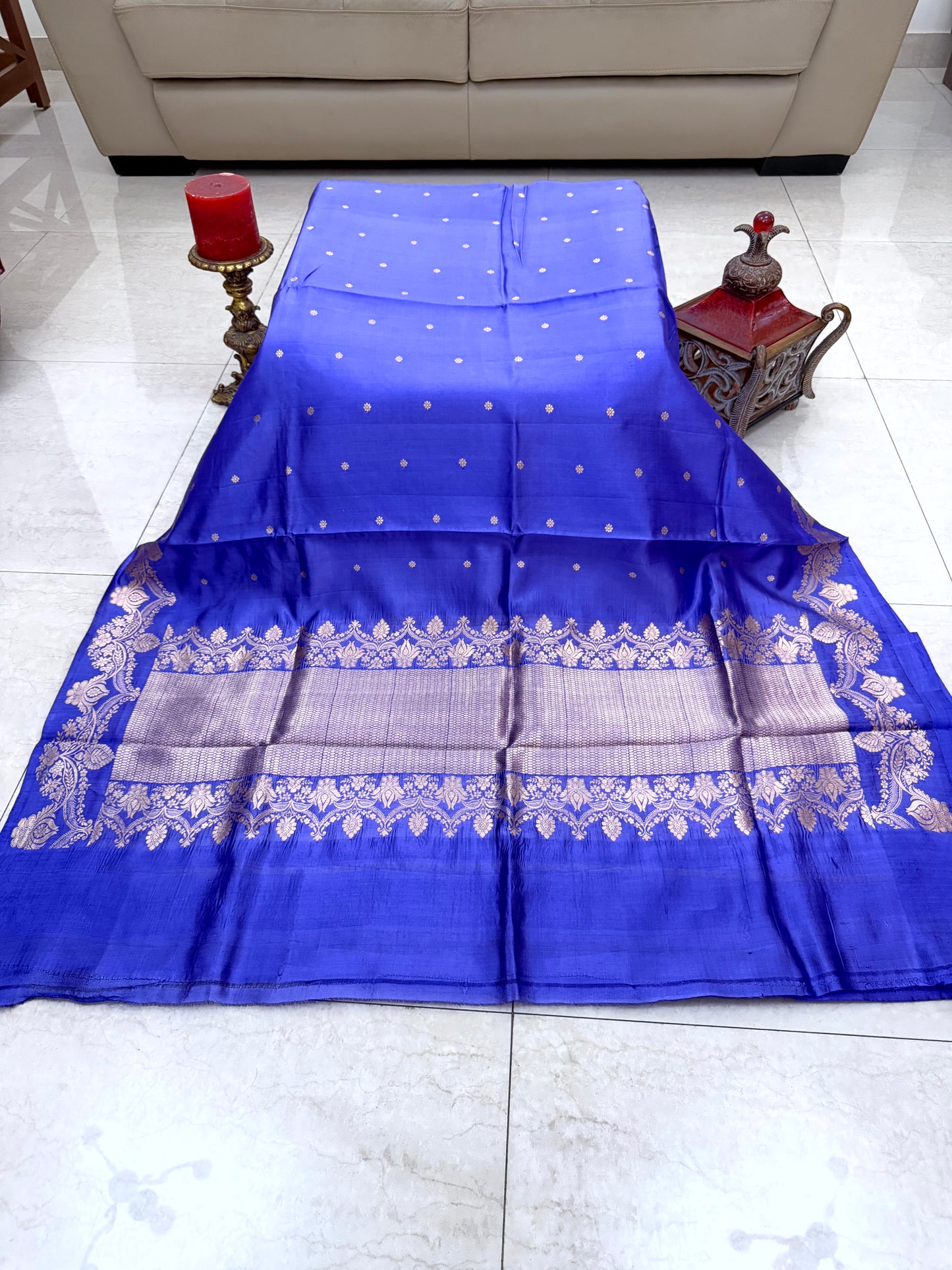 Royal Blue Raw Mango Silk Saree with Minimal Zari Buttas & Antique Floral Border - SS 326