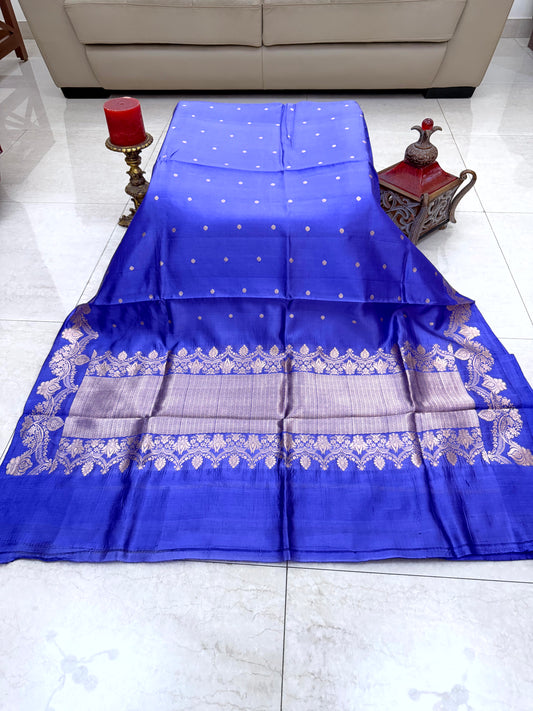 Royal Blue Raw Mango Silk Saree with Minimal Zari Buttas & Antique Floral Border - SS 326