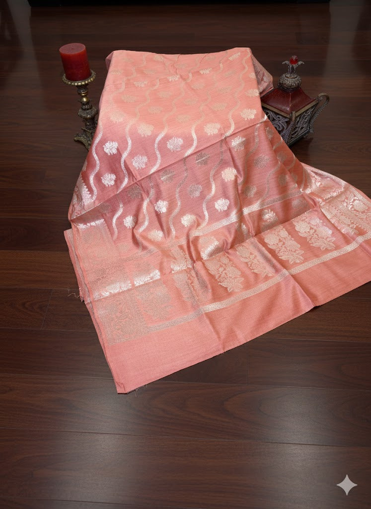 Elegant Peach Banarasi Silk Saree with Silver Zari Floral Weaves