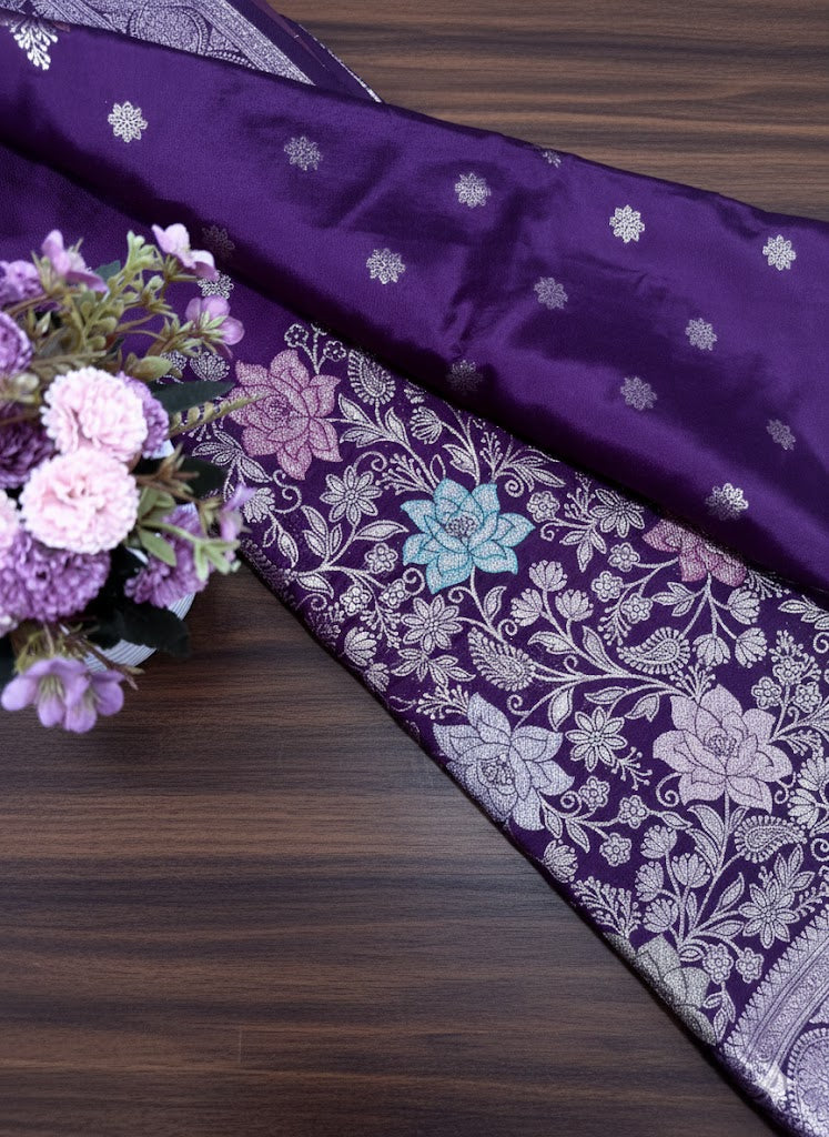 Royal Purple Brocade Silk Saree with Silver Zari Work - SS 445