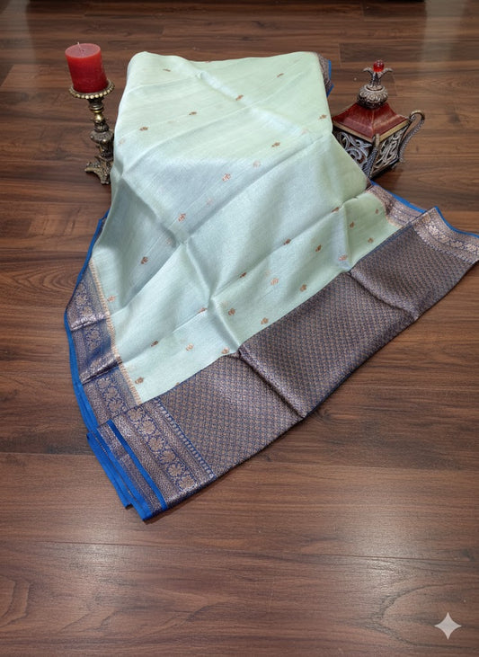 Pale Pistachio Silk Saree with Contrast Navy Blue and Copper Zari Border - SS 303