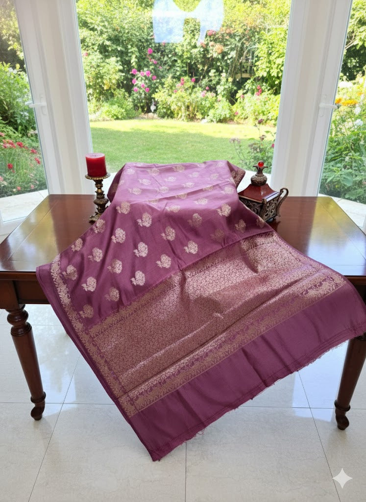 Handwoven Plum Raw Mango Silk Saree with Subtle Zari Floral Motifs - SS 352