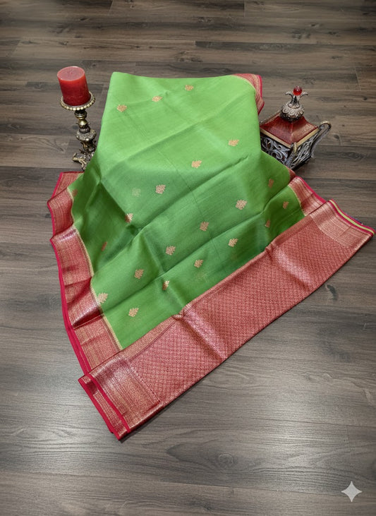 Vivid Lime Green Saree with Rich Maroon and Copper Zari Border - SS 307