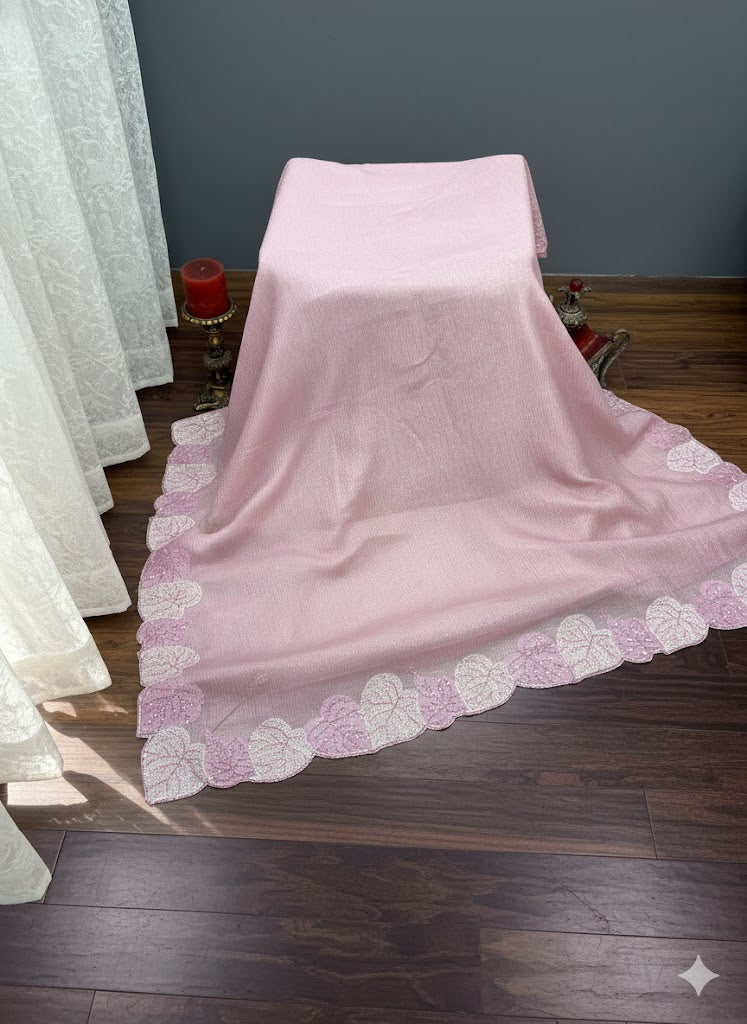 Soft Pink Fancy Saree with Leaf-Pattern Embroidered Scalloped Border - SS 217