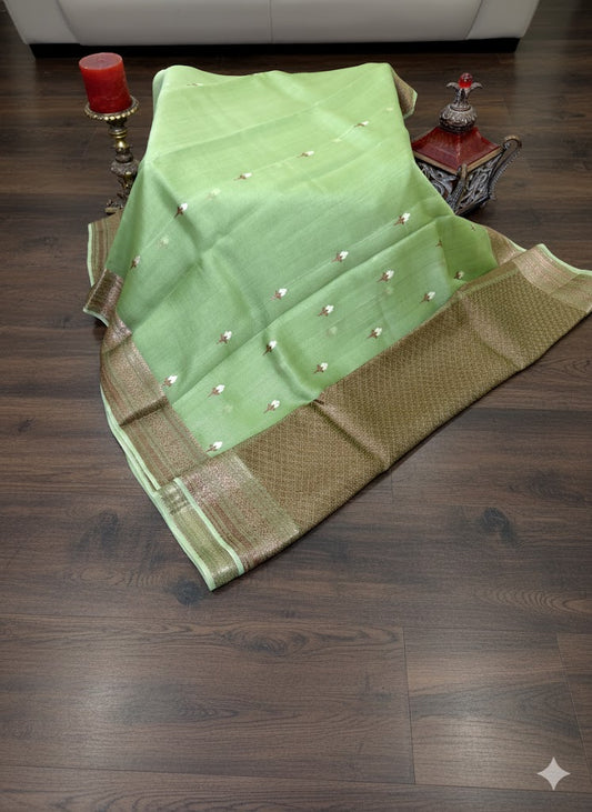 Pastel Sage Green Saree with Rich Antique Gold Zari Border - SS 396