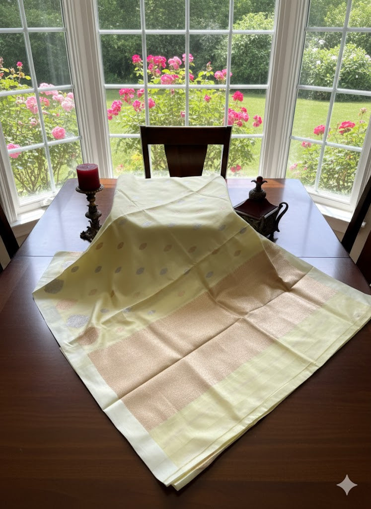 Soft Yellow Banarasi Silk Saree with Multi-Tone Zari Leaf Buttas & Rich Golden Border - SS 358