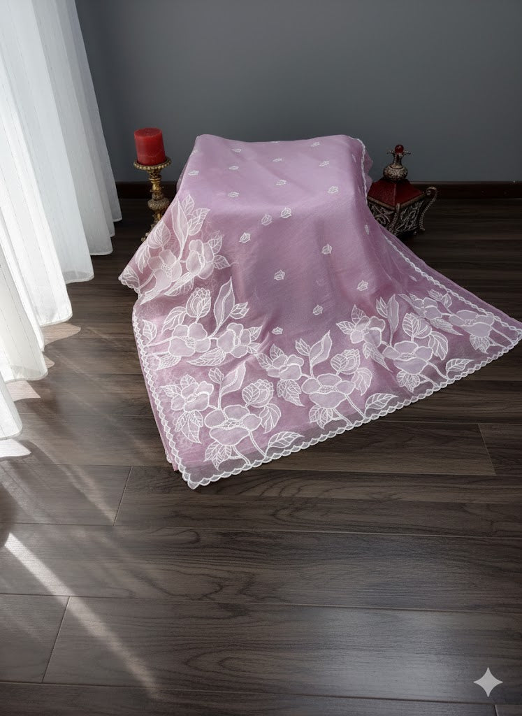 Lavender Fancy Saree with White Floral Lace Embroidery & Delicate Motif Detailing - SS 388
