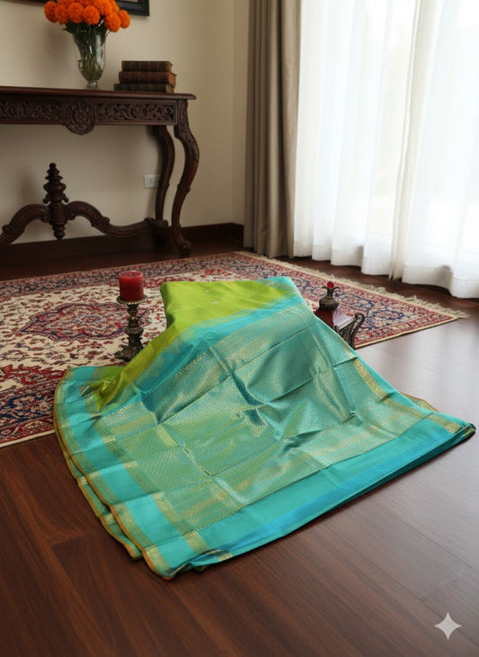 Lime Green Silk Saree with Contrasting Teal Border and Golden Zari - SS 381