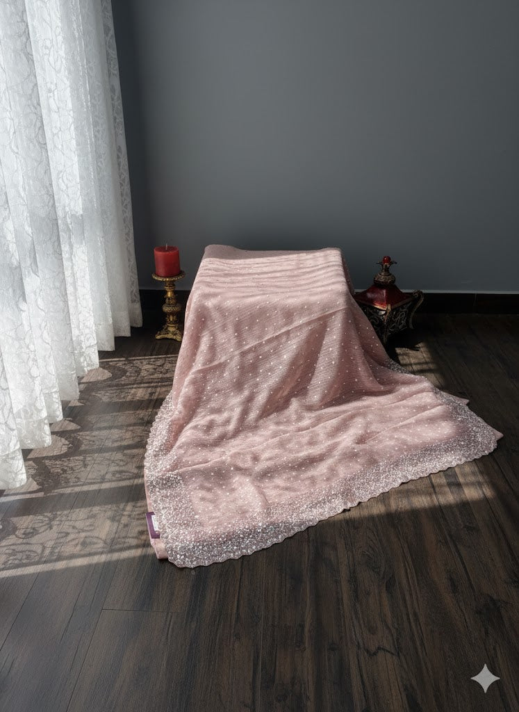 Blush Pink Pearl-Embellished Georgette Saree with Delicate All-Over Handwork - SS 390