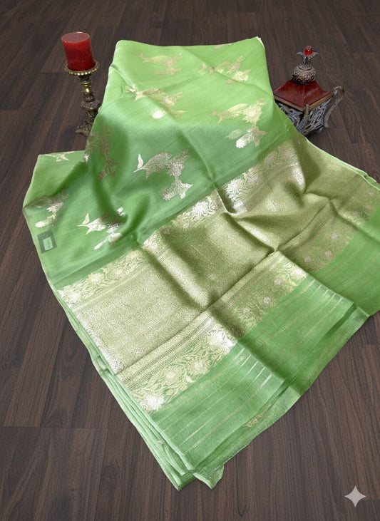 Pastel Green Saree with Intricate Self-Woven Floral Motifs - SS 402