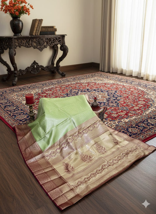 Pastel Green Silk Saree with Grand Antique Gold and Maroon Zari Border - SS 437