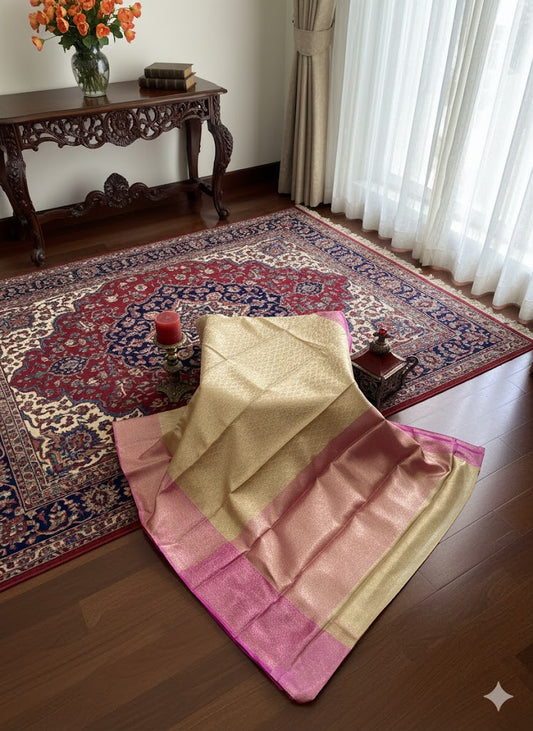 Champagne Gold Silk Saree with Rani Pink Contrast Border - SS 438