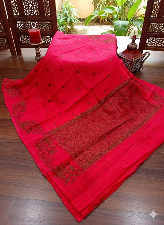 Bright Pink Silk Saree with Intricate Copper Zari and Thread Embroidery - SS 317