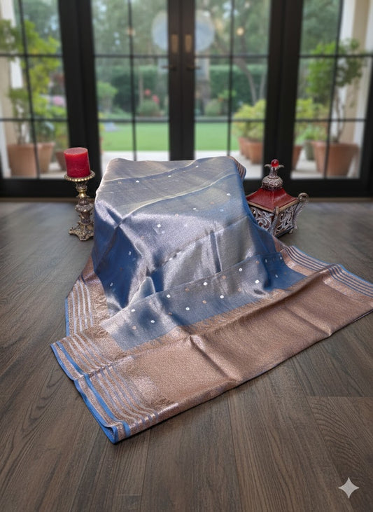 Charcoal Black Metallic Linen Saree with Copper and Silver Zari Motifs - SS 296