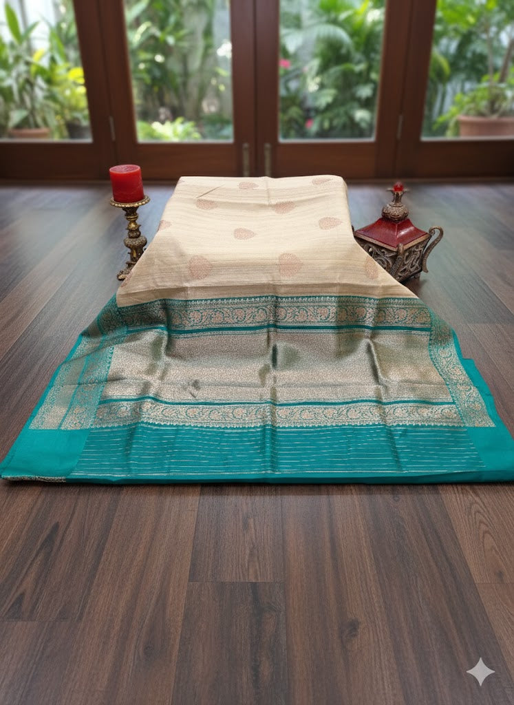Classic Beige Silk Saree with Contrast Teal and Gold Zari Border - SS 318
