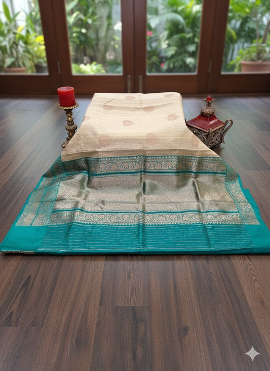 Classic Beige Silk Saree with Contrast Teal and Gold Zari Border - SS 318