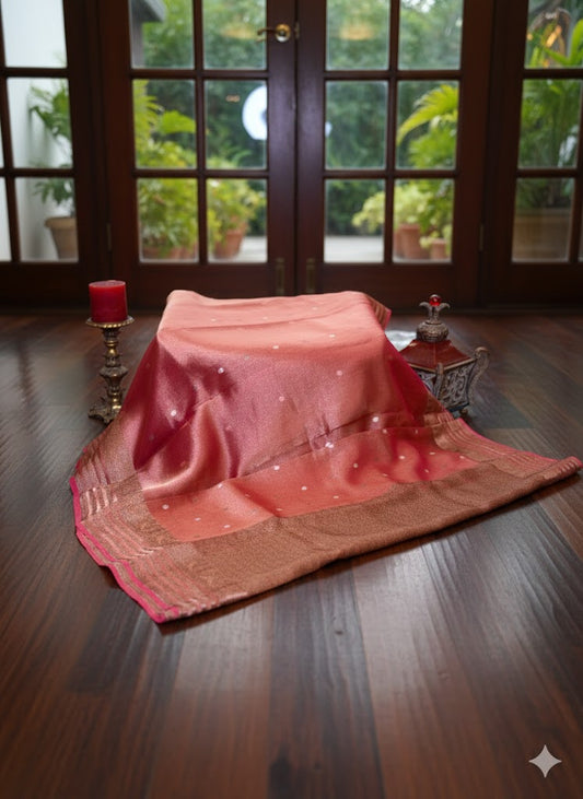 Crimson Red Metallic Linen Saree with Gold Zari Border and Butis - SS 304