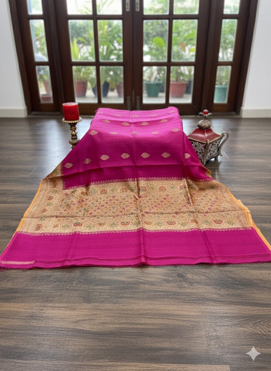 Hot Pink Silk Saree with Grand Multi-Coloured Golden Zari Pallu - SS 319