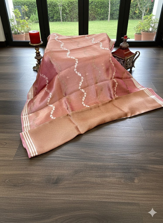 Dusty Rose Silk Saree with Threadwork Vine and Striped Border - SS 308