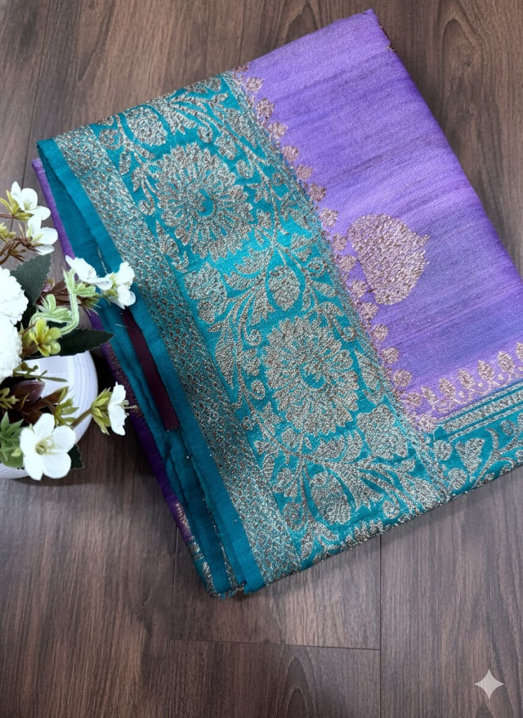 Lavender Silk Saree with Contrast Teal Border and Golden Zari Weaving - SS 320