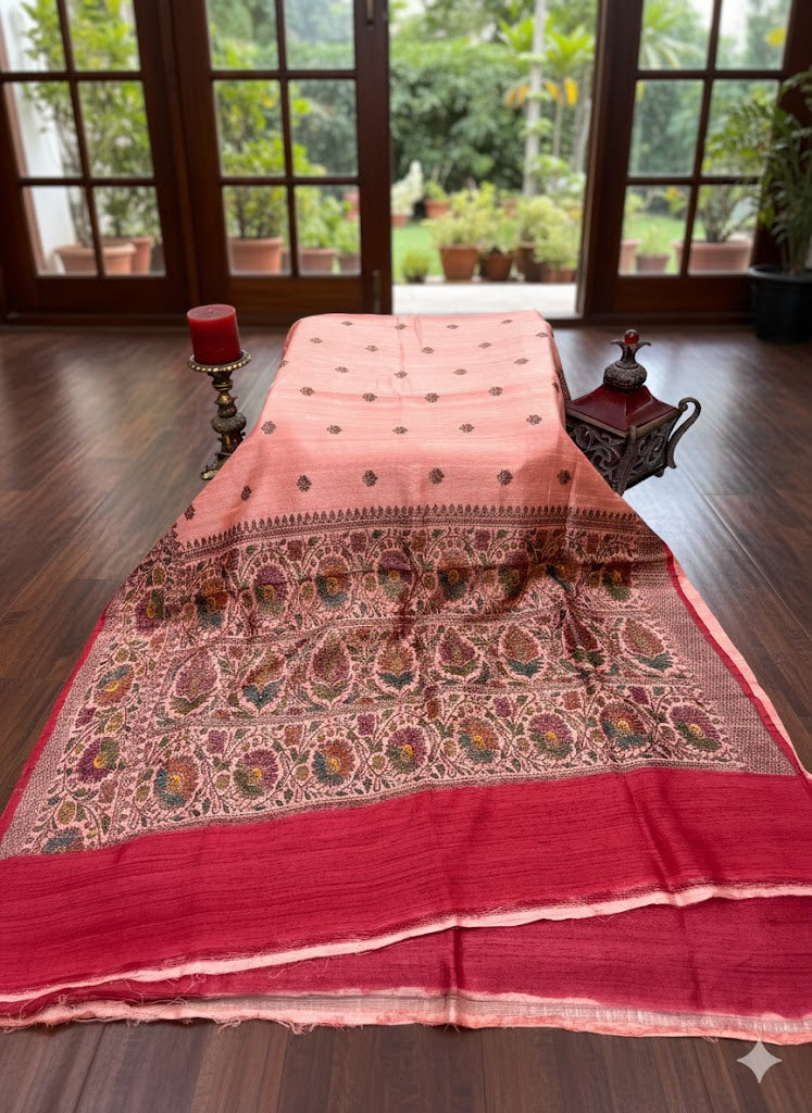 Blush Pink Raw Mango Silk Saree with Intricate Kalamkari-Style Pallu & Maroon Border - SS 321