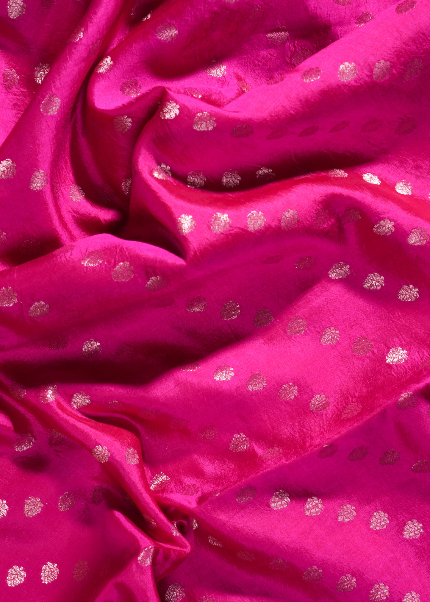 Radiant Rani Pink Banarasi Silk Saree with Intricate Silver Zari Buta Work