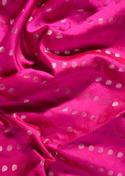 Radiant Rani Pink Banarasi Silk Saree with Intricate Silver Zari Buta Work