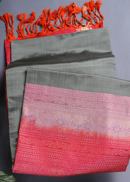Elegant Grey and Pink Silk Saree with Red Tassels - SS 375