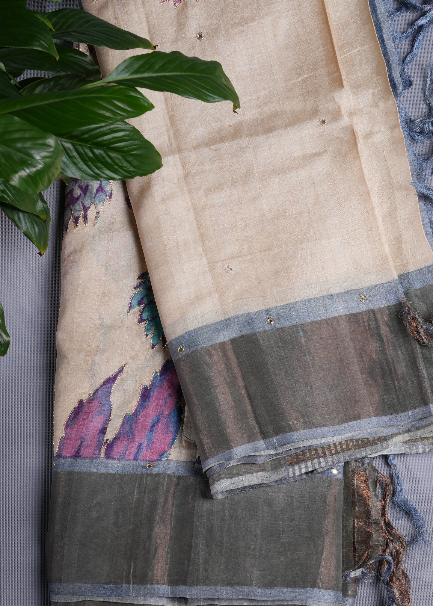 Grey-Blue Tussar Silk Saree with Mirror and Zari Embroidery - SS 260