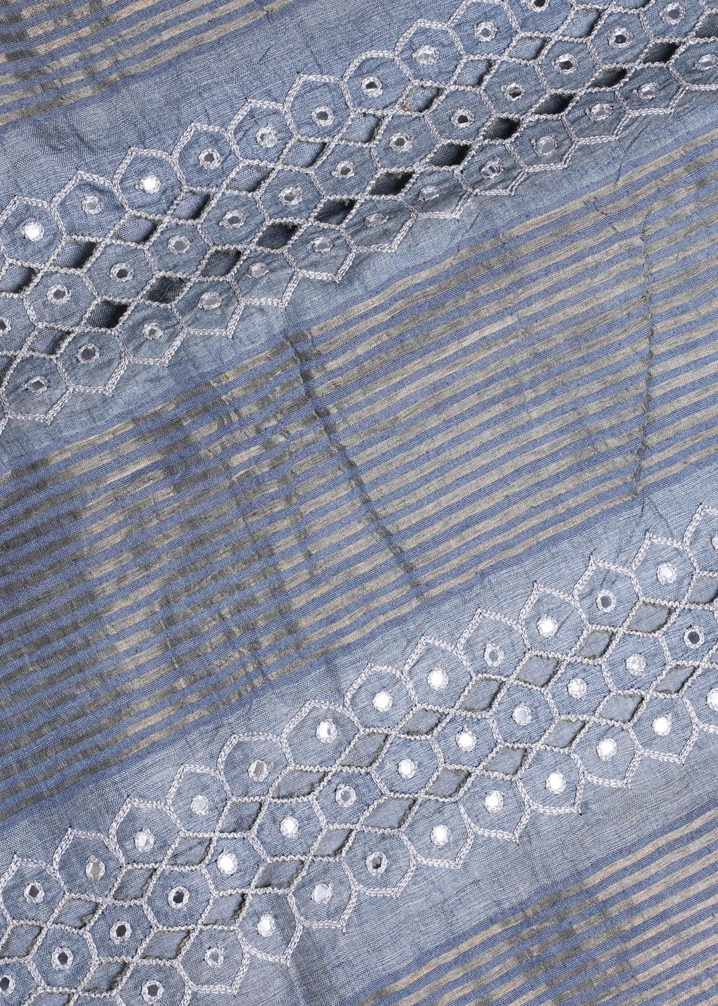 Grey-Blue Tussar Silk Saree with Mirror and Zari Embroidery - SS 260