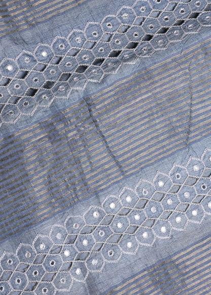 Grey-Blue Tussar Silk Saree with Mirror and Zari Embroidery - SS 260