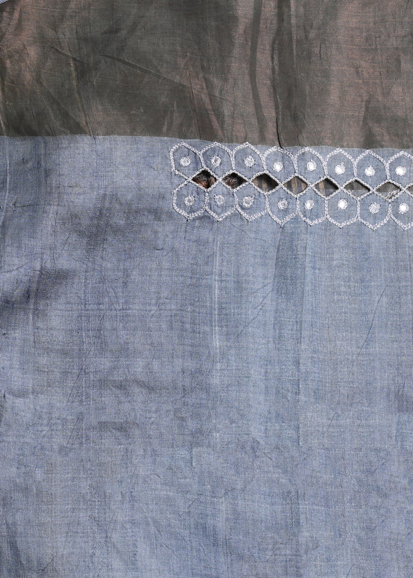 Grey-Blue Tussar Silk Saree with Mirror and Zari Embroidery - SS 260