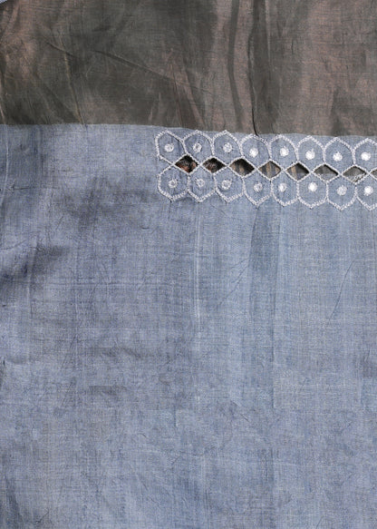 Grey-Blue Tussar Silk Saree with Mirror and Zari Embroidery - SS 260