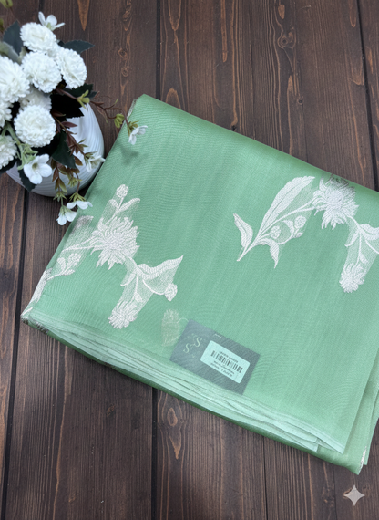 Pastel Green Saree with Intricate Self-Woven Floral Motifs - SS 402
