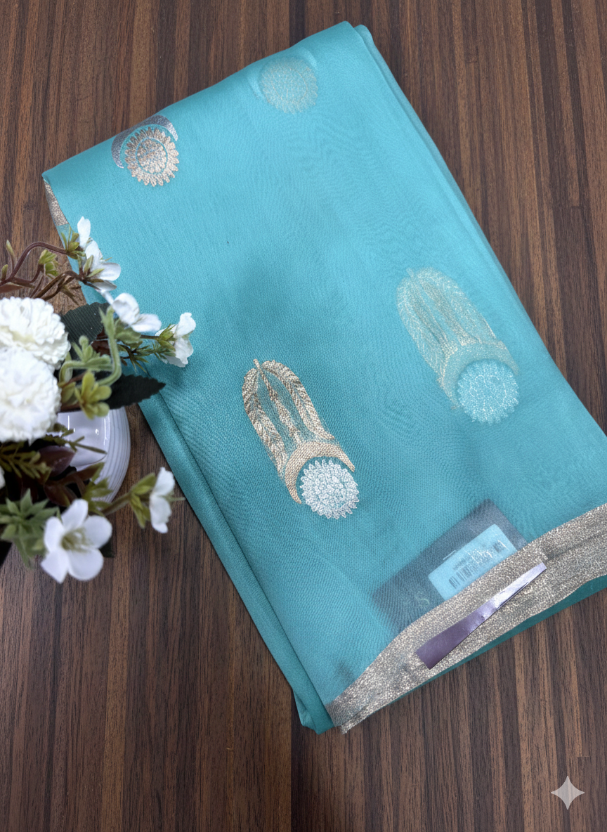 Elegant Teal Green Saree with Large, Distinctive Golden Zari Motifs - SS 401