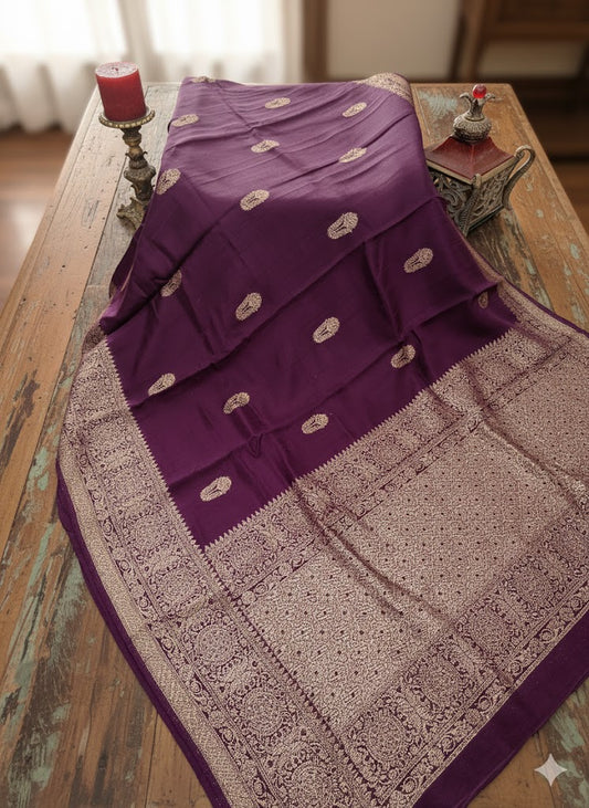 Elegant Wine Banarasi Silk Saree With Zari Weaving
