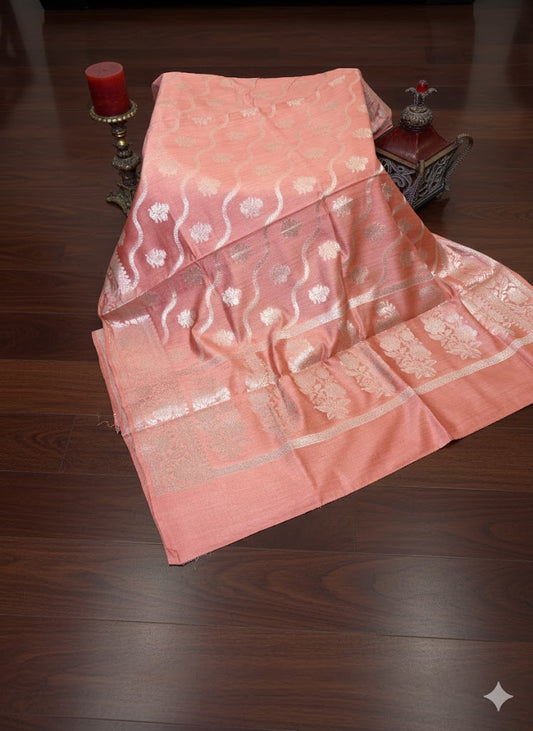 Elegant Peach Banarasi Silk Saree with Silver Zari Floral Weaves