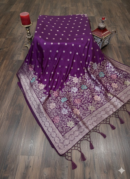 Royal Purple Brocade Silk Saree with Silver Zari Work