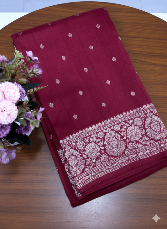 Rich Ruby Red Banarasi Silk Saree with Gold Zari Floral Border