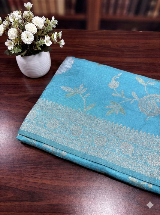 Light Blue Banarasi Silk Saree with Intricate Silver Zari Weaving