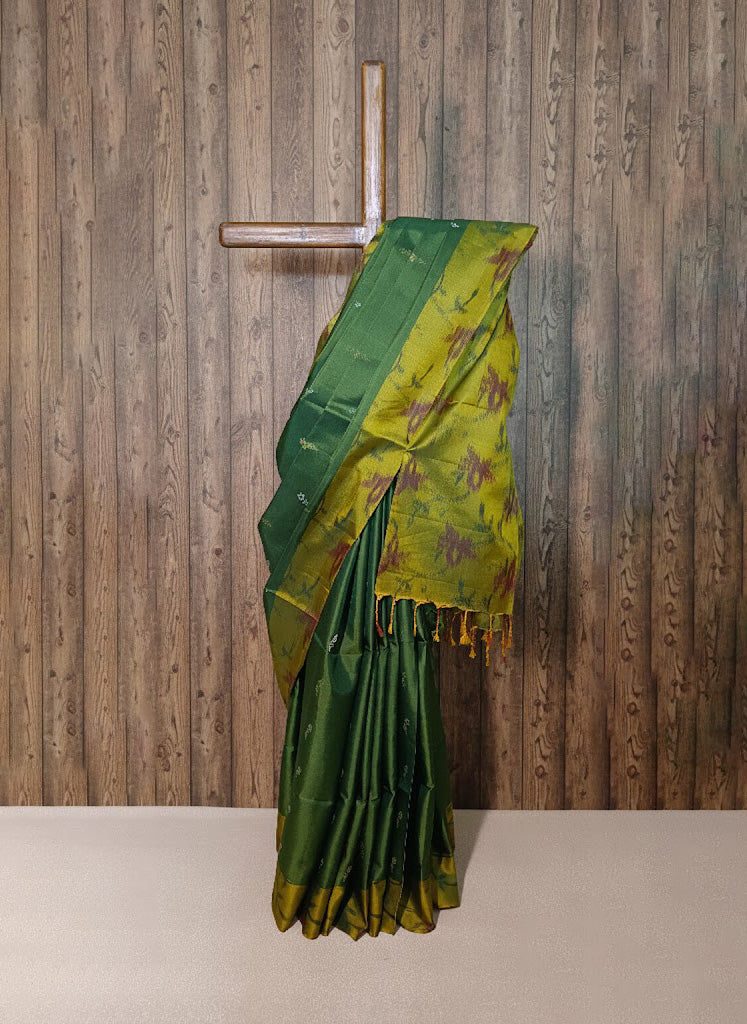 Elegant Green and Yellow Ikat Silk Saree with Subtle Floral Motifs - SS 256
