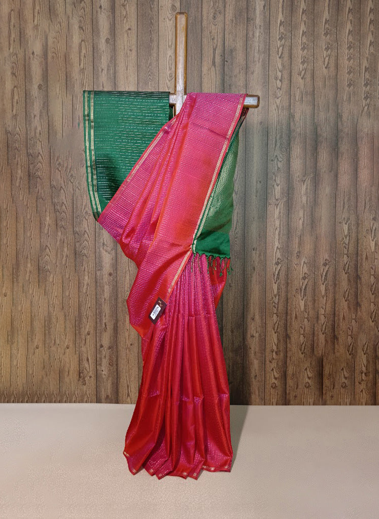 Festive Coral Pink Silk Saree with Golden Dotted Zari Motif – Contrast Green Tassels - SS 250