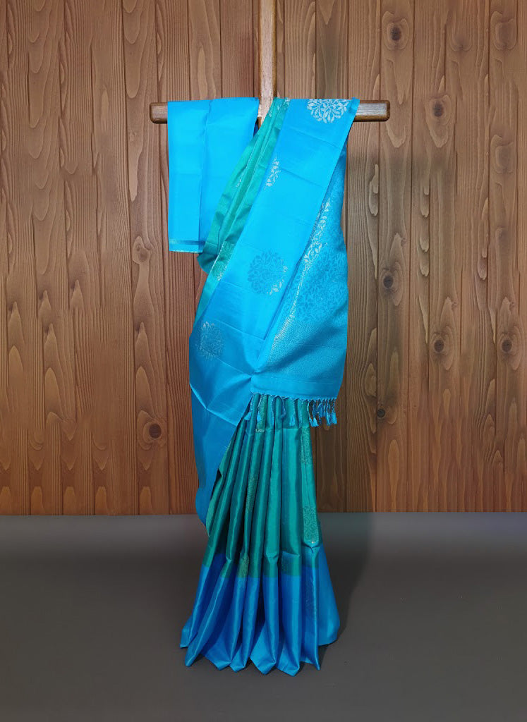 Aqua Blue with Intricate Silver Zari Foliage - SS 253