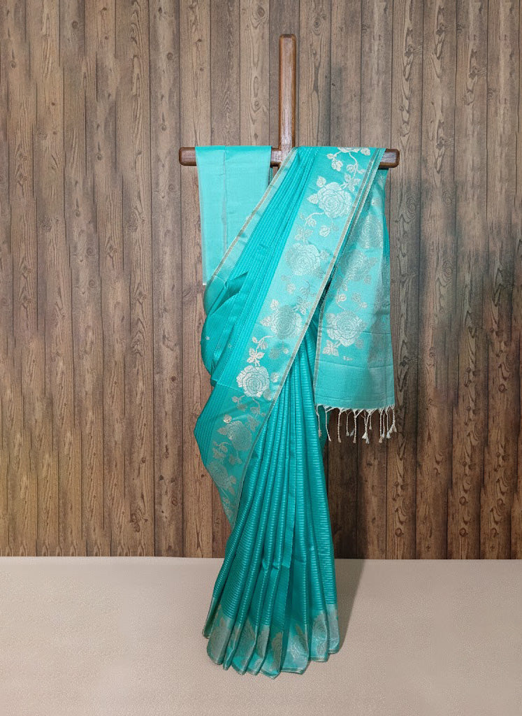 Sea Green Tissue Saree with Rose Motif Weav - SS 266